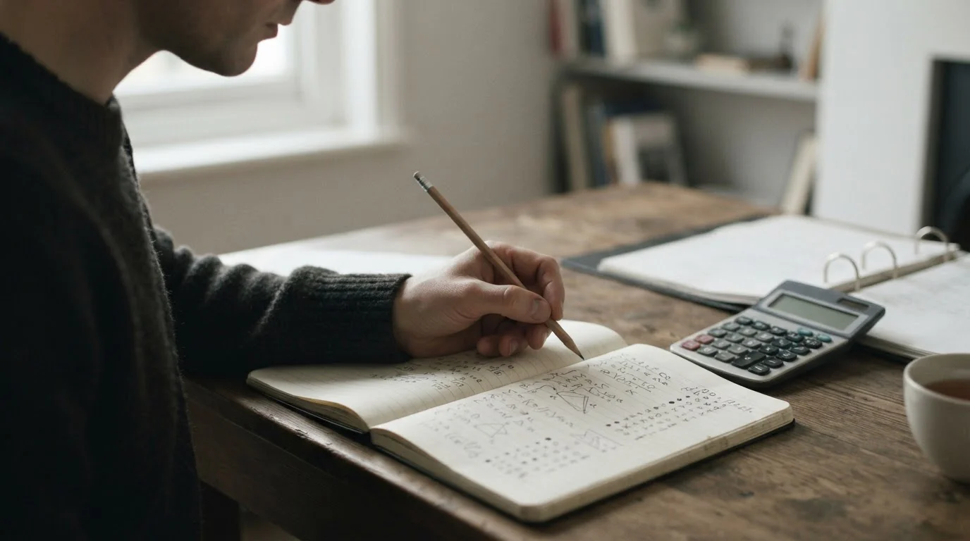 Manos anotando cálculos en un cuaderno junto a una calculadora