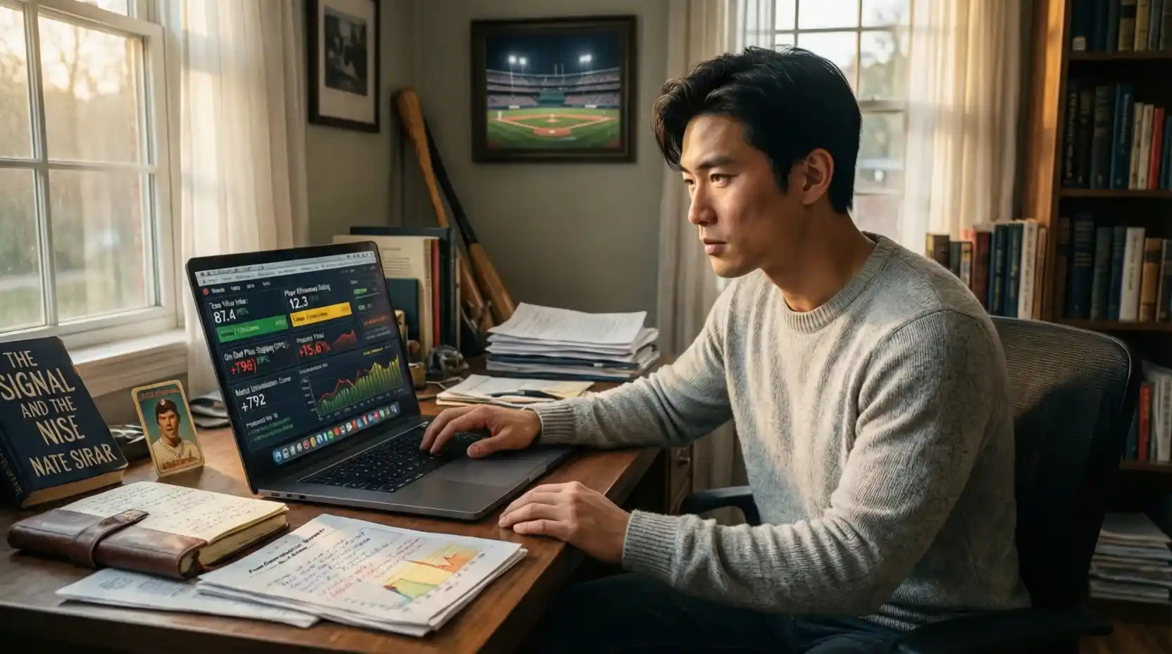 Persona analizando estadísticas de equipos de bajo presupuesto en laptop