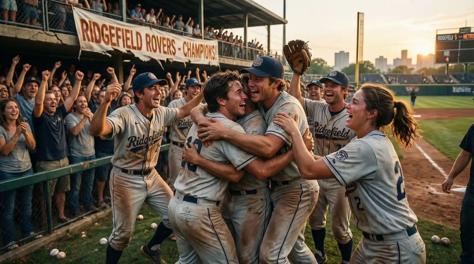 Equipo de béisbol de mercado pequeño celebrando victoria contra rival de mayor presupuesto