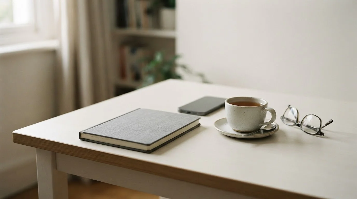 Cuaderno cerrado sobre escritorio ordenado con smartphone apagado al lado