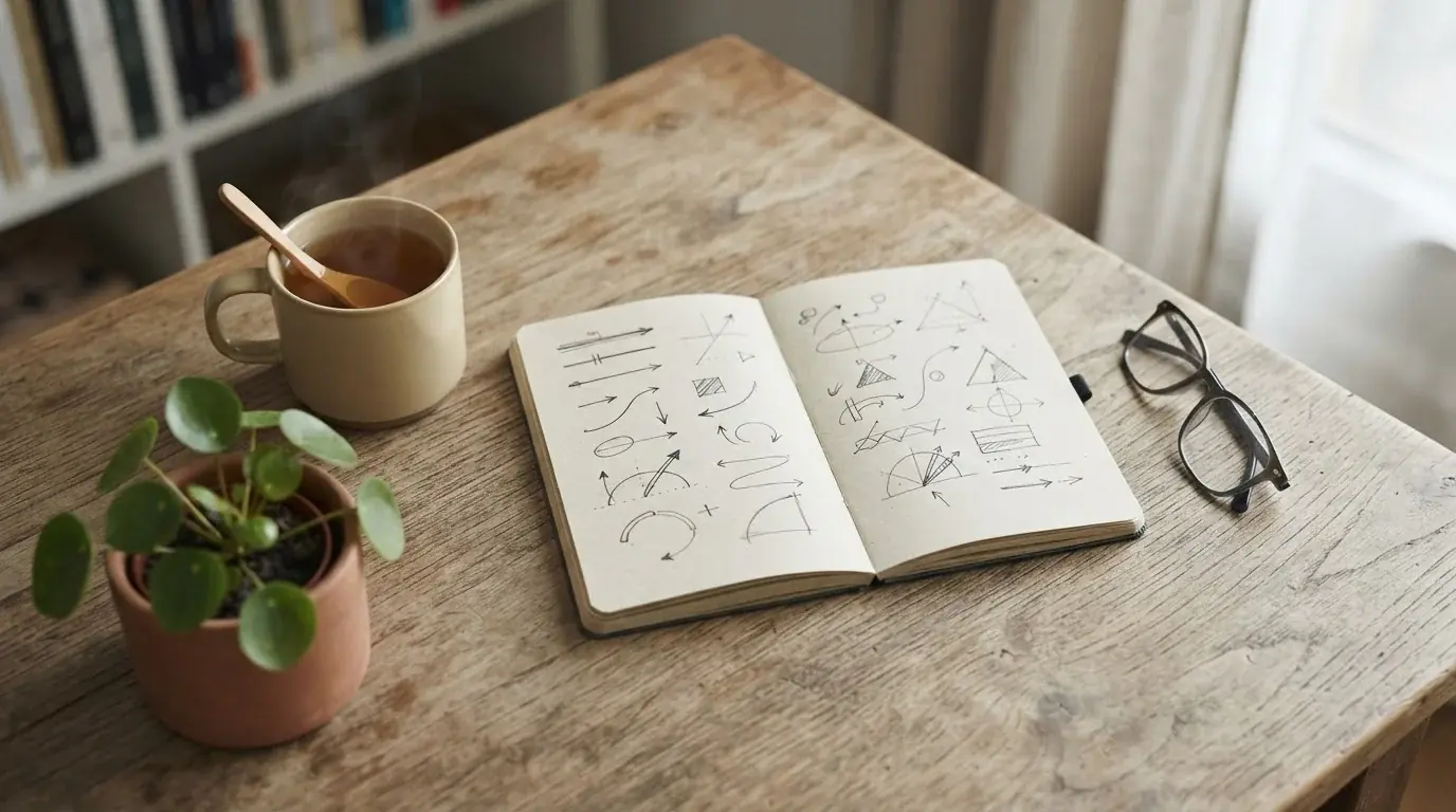 Mesa serena con cuaderno abierto y taza, ambiente reflexivo