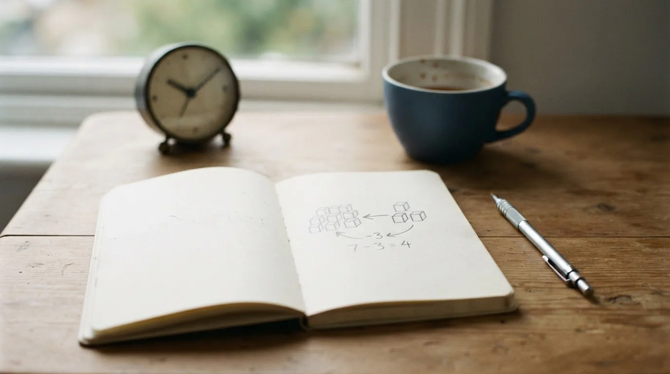 Cuaderno con esquema simple de restas sucesivas junto a una taza y un reloj