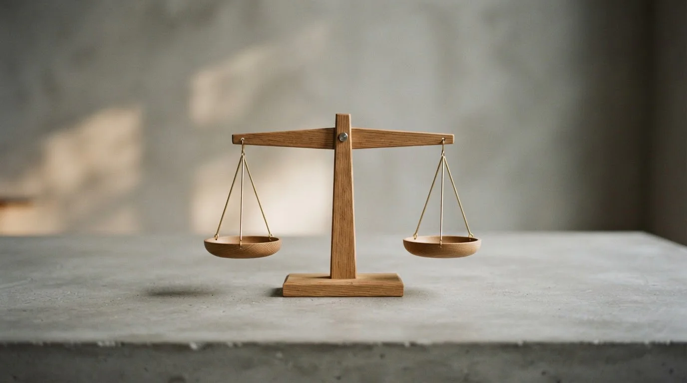 Balanza minimalista de madera equilibrada sobre un fondo neutro