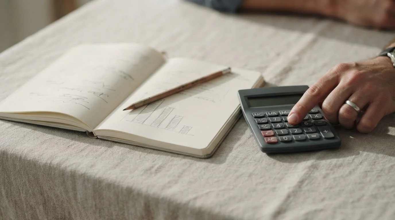 Calculadora, cuaderno y bolígrafo sobre una mesa que representan el cálculo del coste real de usar Skrill