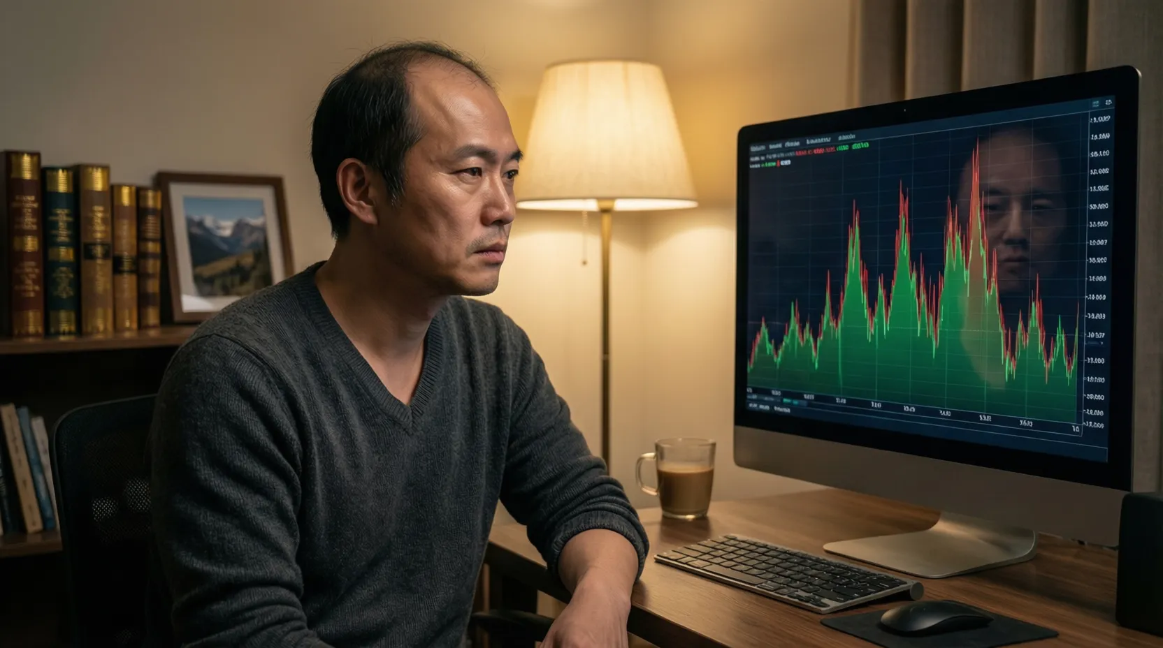 Persona reflexiva mirando gráfico de rendimiento de apuestas en pantalla