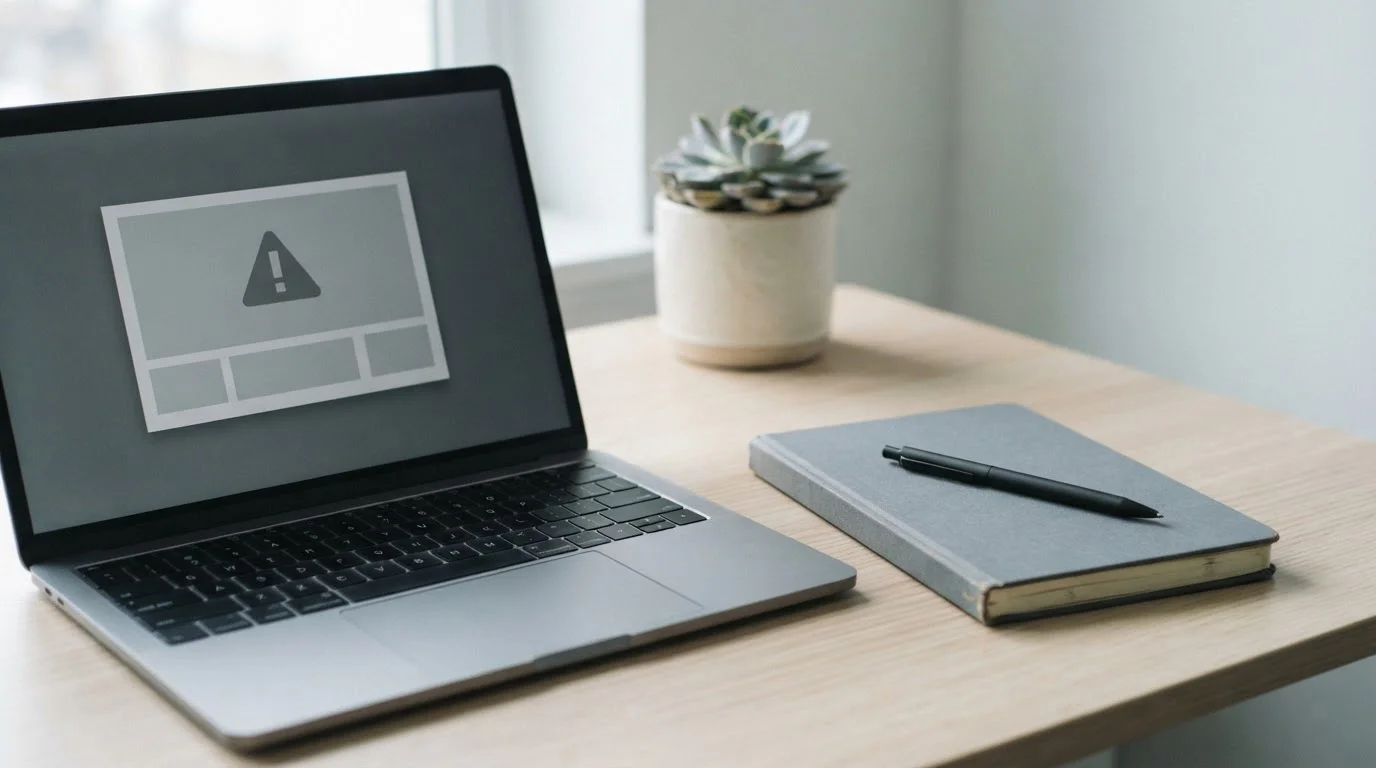 Pantalla de portátil con bloque gris de aviso neutro sobre escritorio ordenado