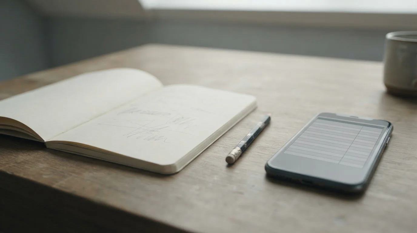 Cuaderno con anotaciones abstractas junto a un móvil sobre una mesa iluminada por luz suave