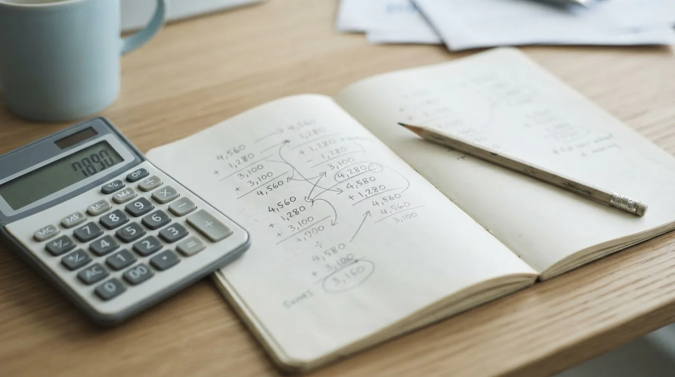 Calculadora y cuaderno con anotaciones para calcular el valor real de un bono