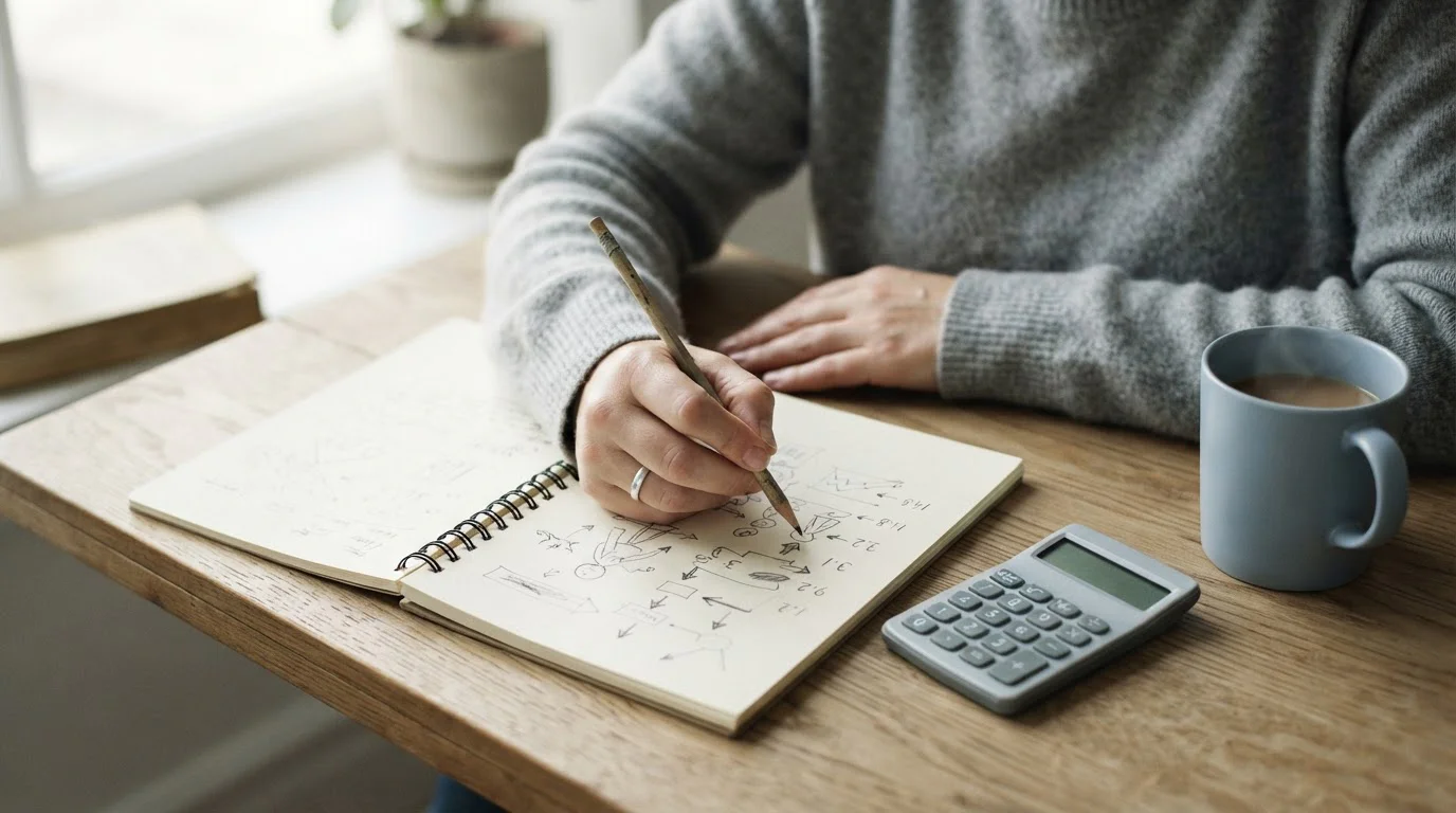 Manos anotando cálculos en un cuaderno junto a una calculadora