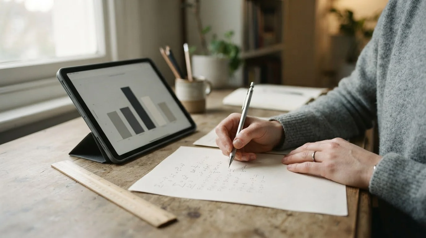 Manos calculando sobre papel con una tablet al lado mostrando gráficos neutros