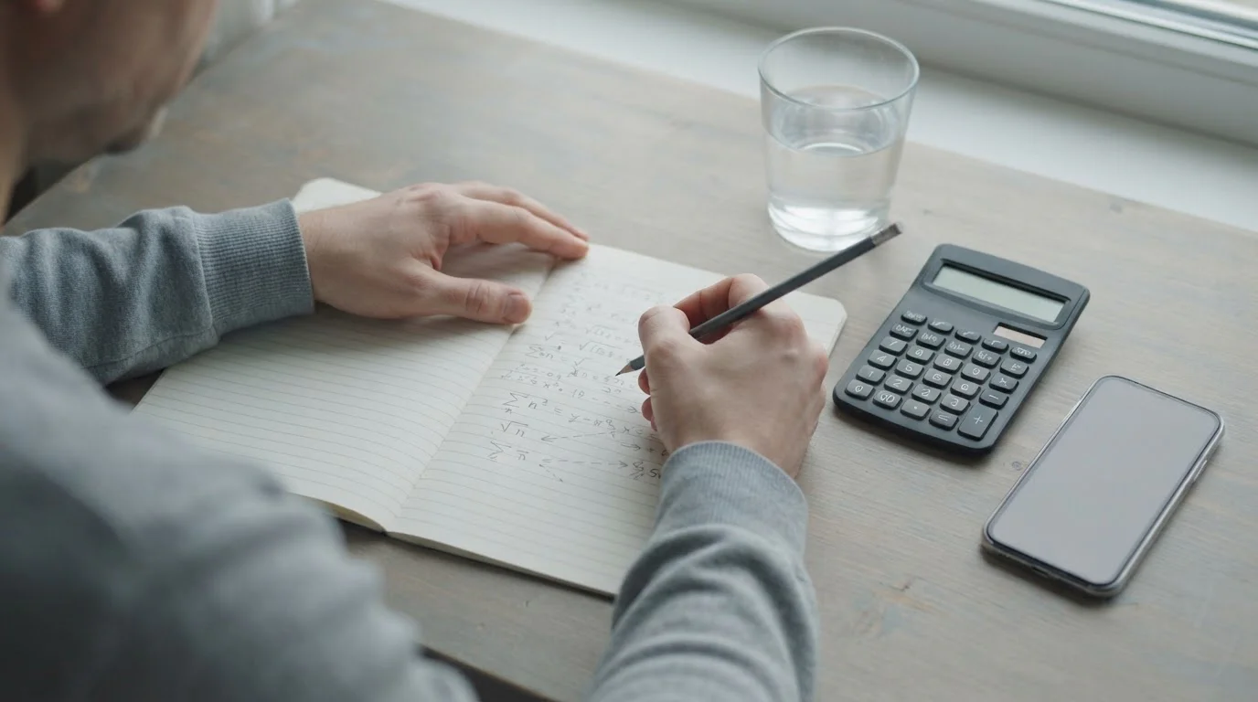Manos anotando cálculos sobre un cuaderno junto a una calculadora y un smartphone