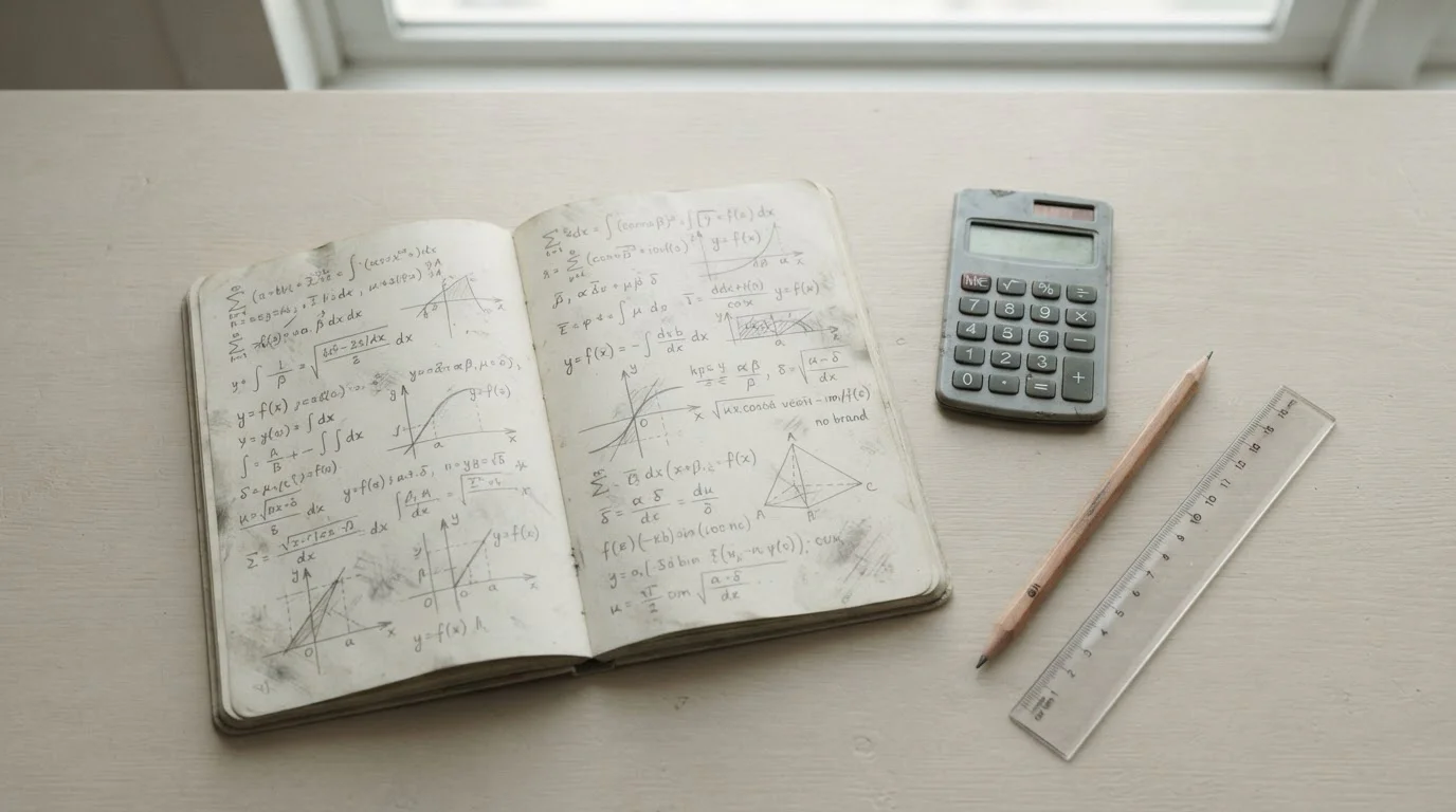 Cuaderno con cálculos manuscritos y una calculadora sobre una mesa clara