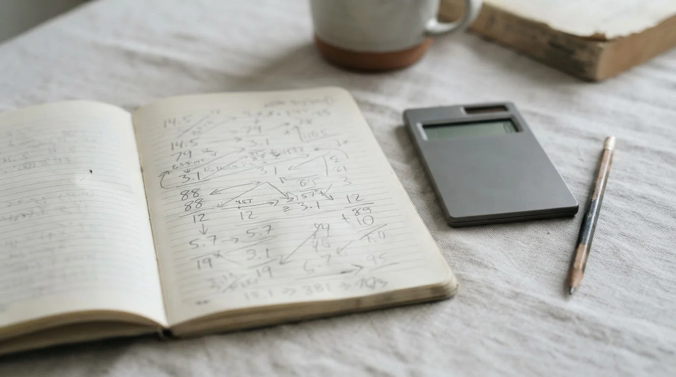 Cuaderno con cálculos manuscritos abstractos y una calculadora sobre una mesa clara