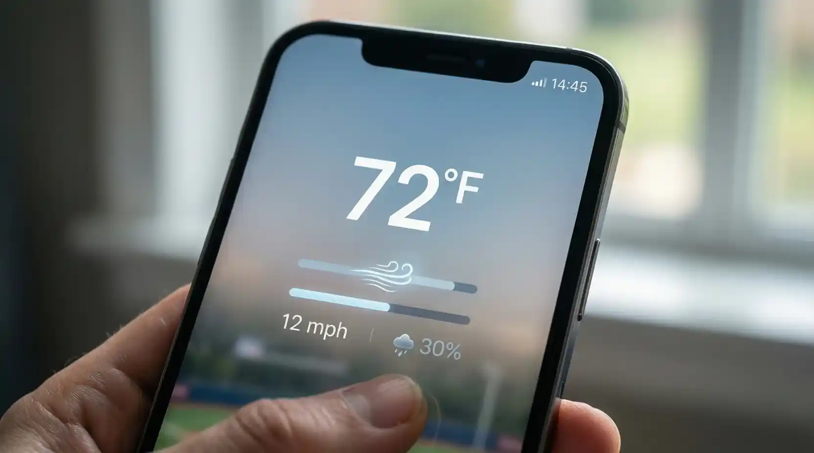 Aplicación meteorológica en smartphone mostrando pronóstico del tiempo para partido de béisbol