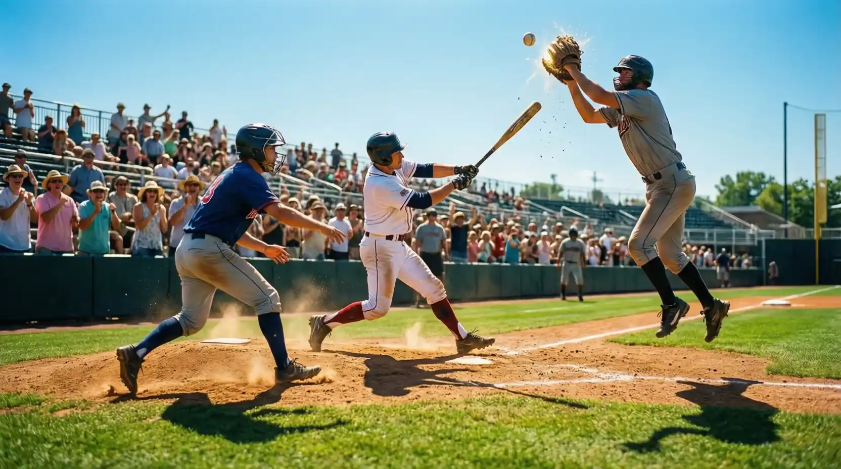 Partido de béisbol en un día caluroso de verano con sol brillante sobre el estadio