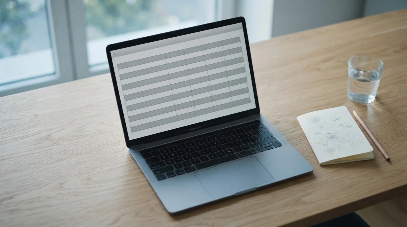 Portátil mostrando una tabla comparativa neutra sobre un escritorio ordenado