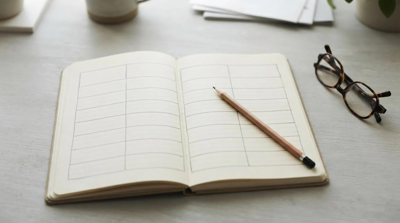 Cuaderno con tabla comparativa vacía sobre mesa clara