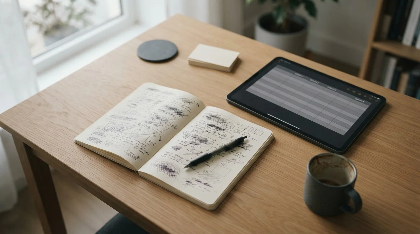 Vista cenital de una mesa con cuaderno y tablet mostrando una tabla neutra