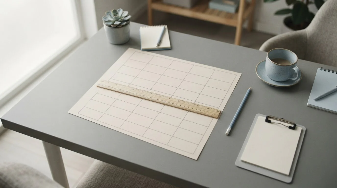 Mesa de trabajo con una tabla comparativa neutra de filas anónimas