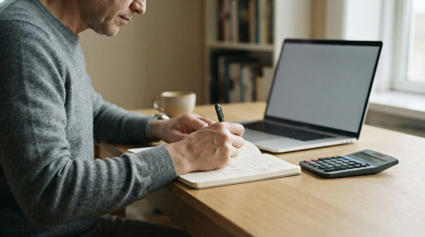 Manos anotando en una libreta junto a una calculadora sobre la mesa