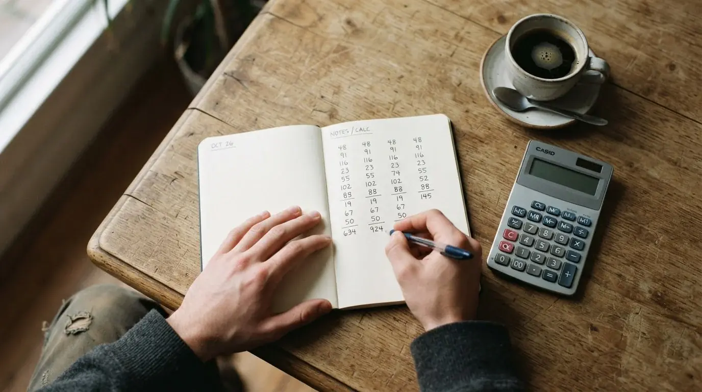 Manos anotando cifras en un cuaderno junto a una calculadora sobre una mesa clara