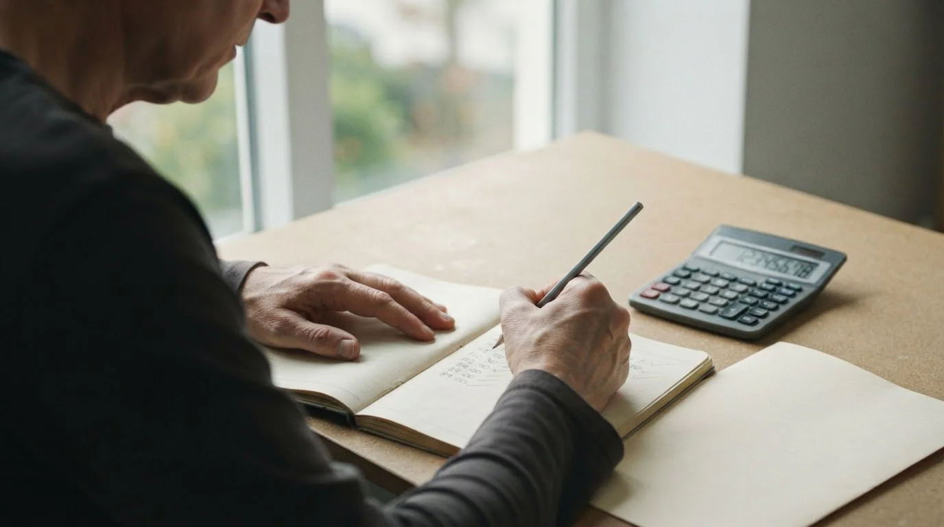 Manos anotando cálculos en una libreta junto a una calculadora