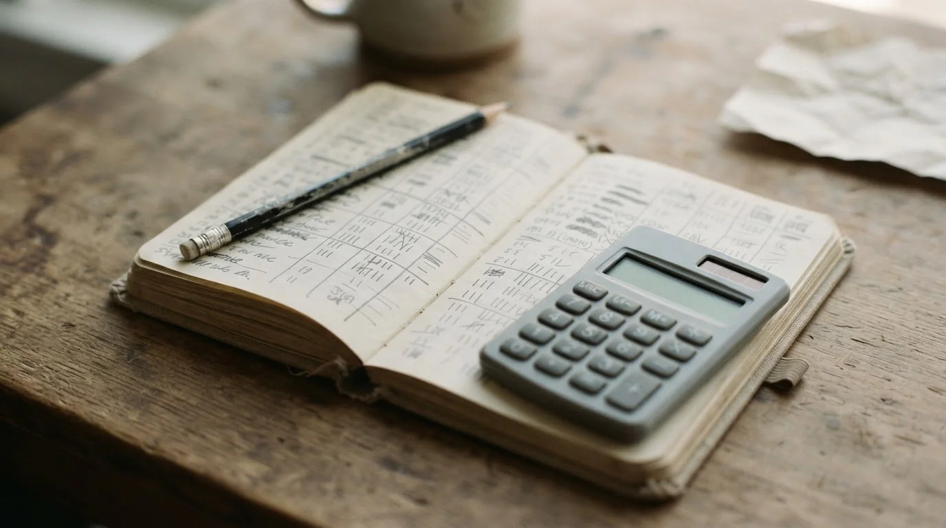 Libreta con anotaciones y una calculadora sencilla al final del análisis