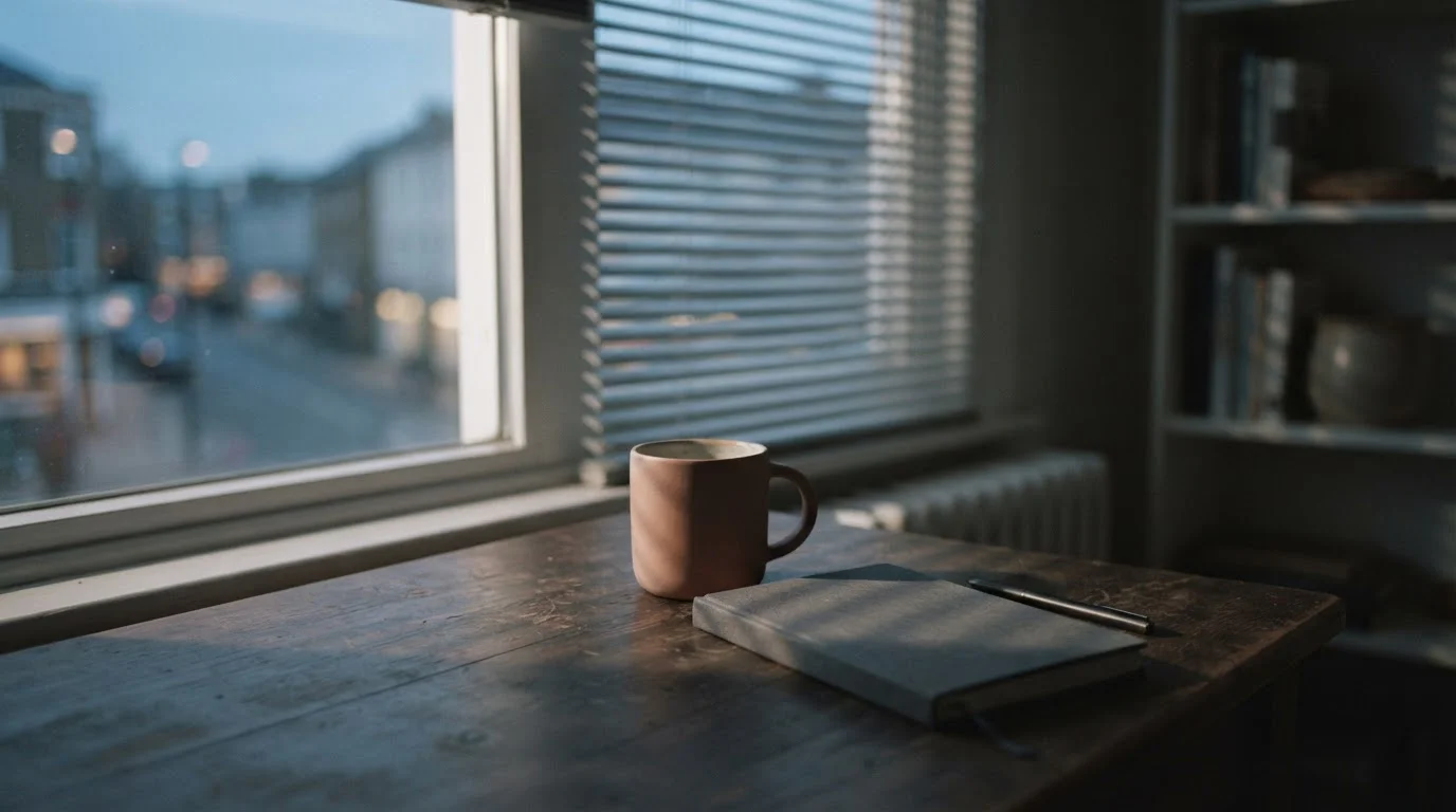 Ventana con persiana entreabierta y taza vacía sobre un escritorio en penumbra