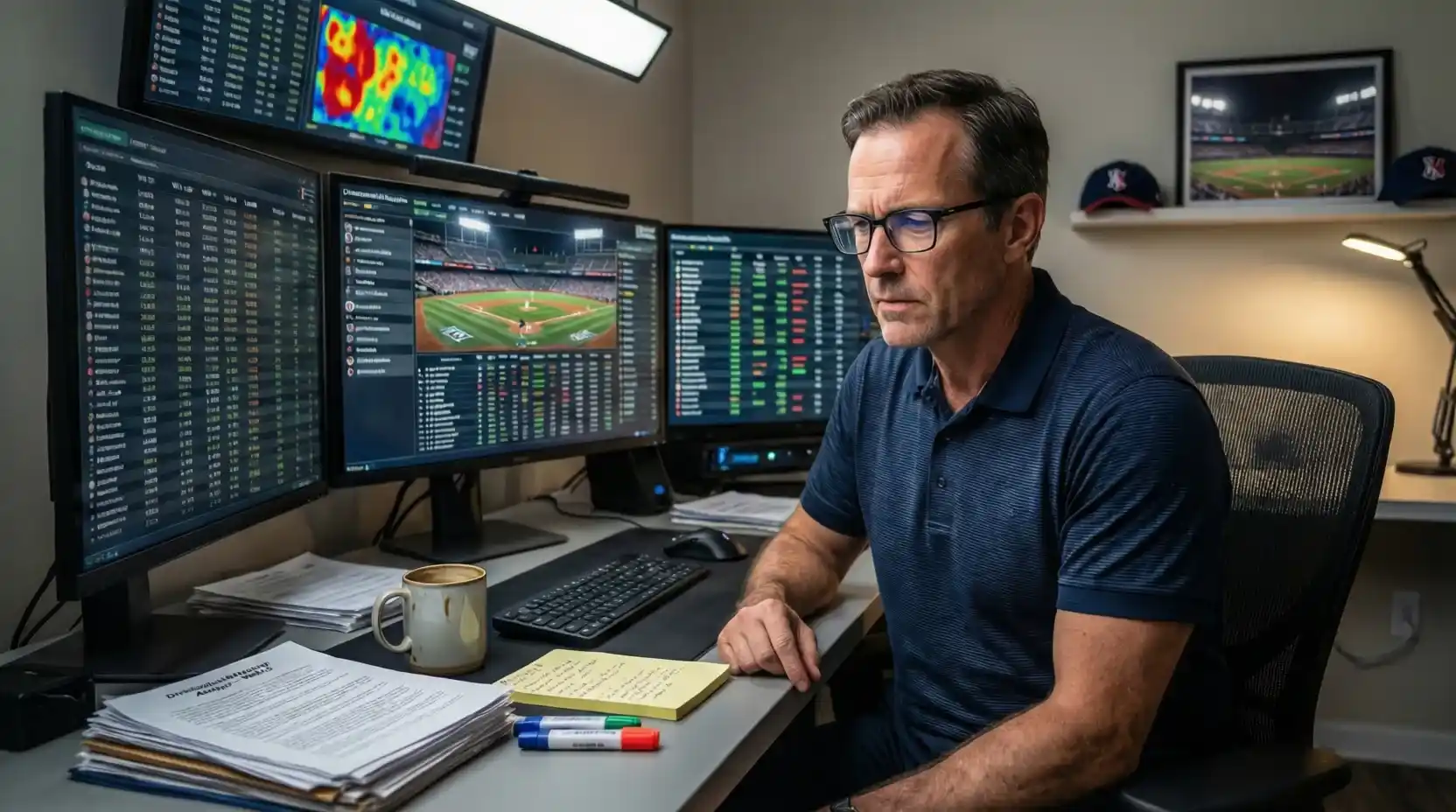 Analista estudiando estadísticas de equipos de una división específica de béisbol