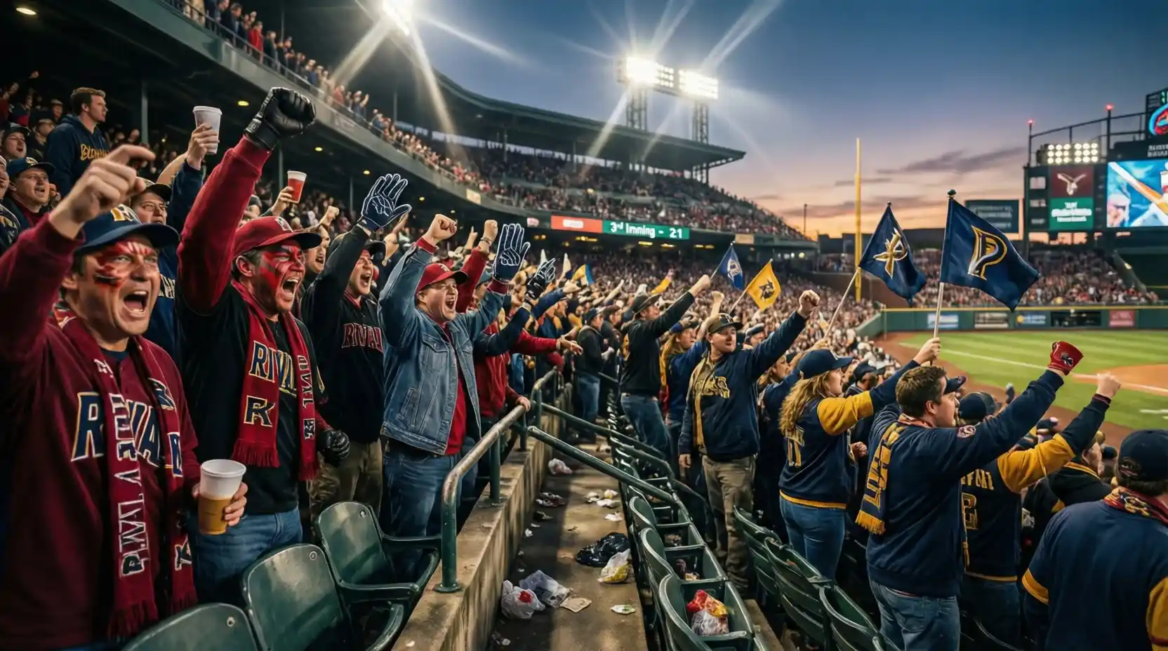 Aficionados de equipos rivales en las gradas durante partido divisional intenso