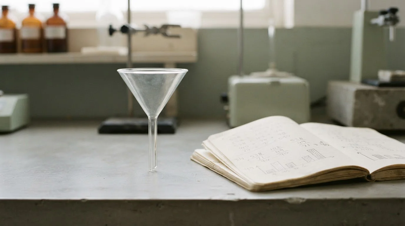 Embudo de cristal sobre una mesa junto a un cuaderno con cálculos abstractos