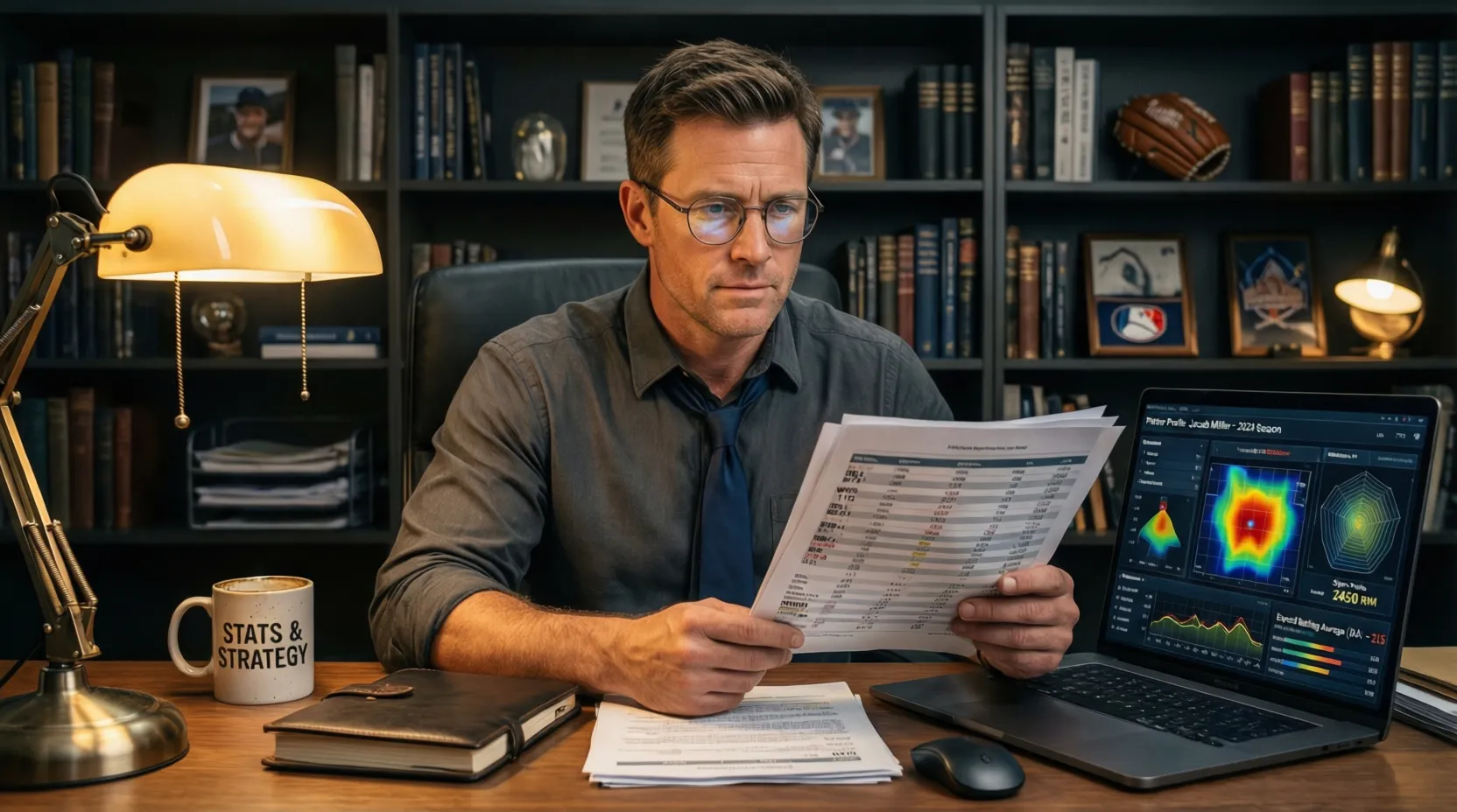 Analista deportivo estudiando métricas de pitchers en documentos y pantalla