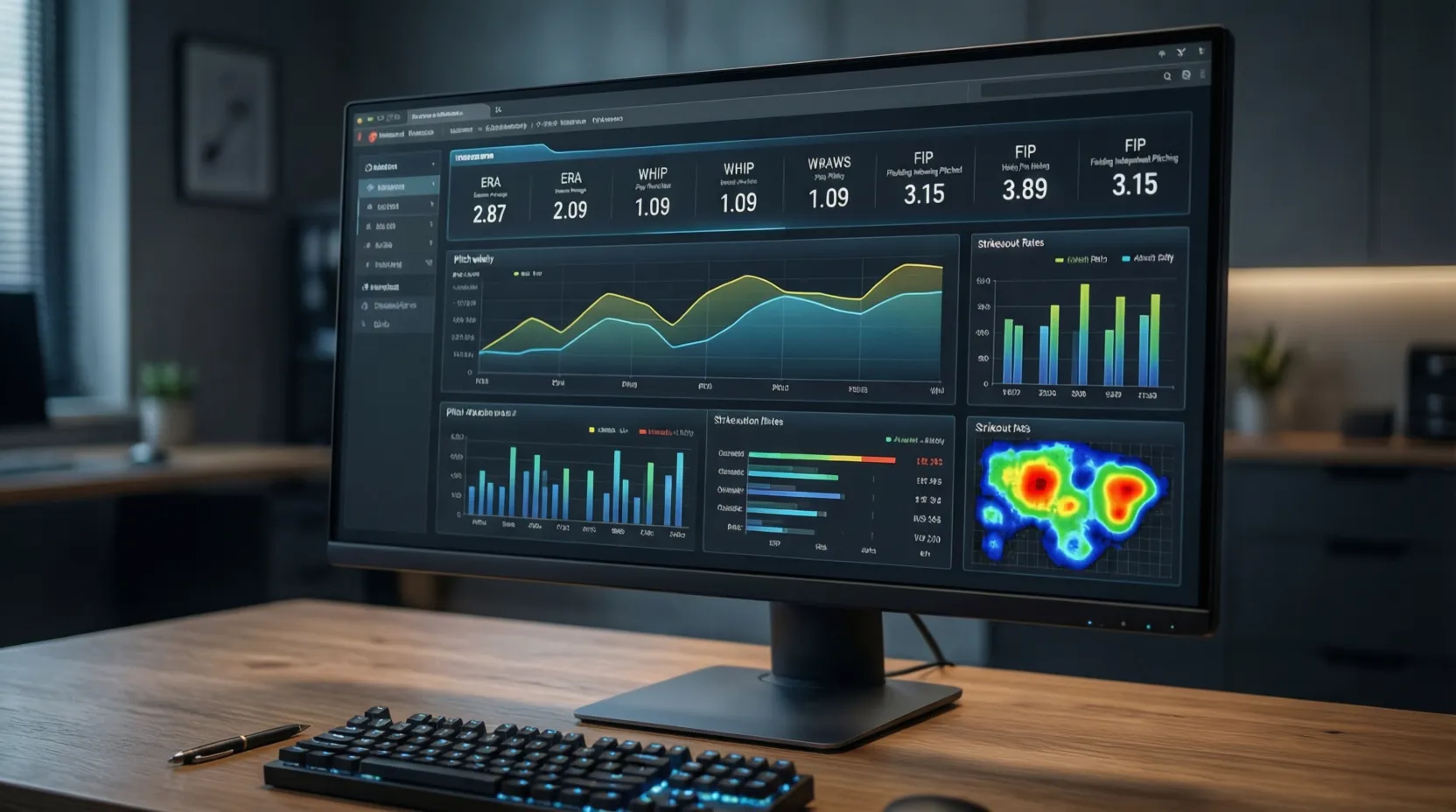 Pantalla de computadora mostrando estadísticas detalladas de pitchers de béisbol
