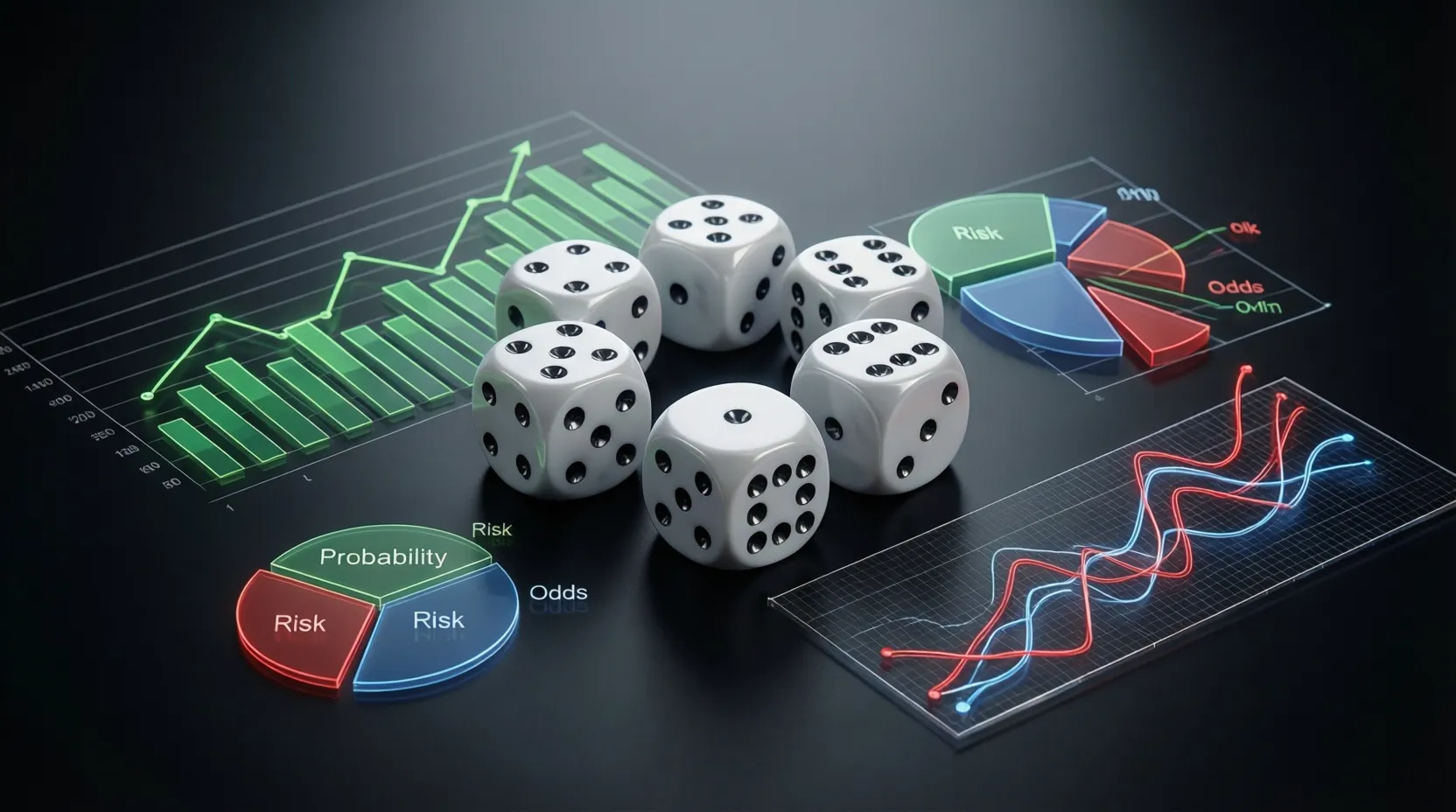 Dados y elementos de azar junto a gráficos de análisis representando suerte versus habilidad