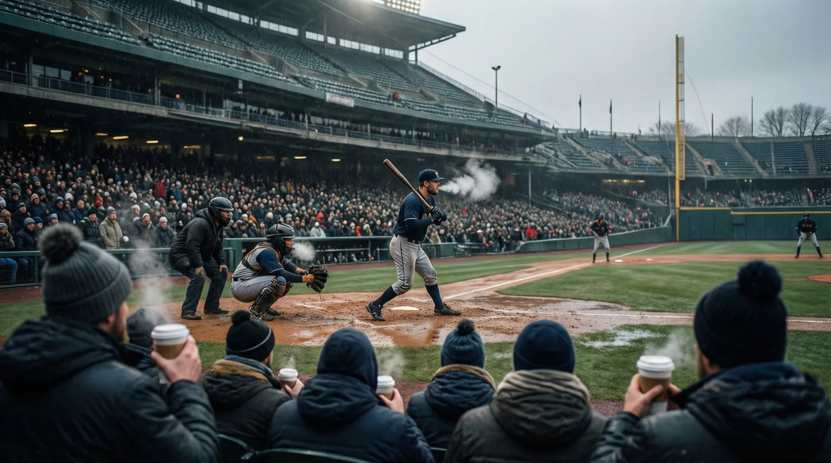 Partido de béisbol en estadio con clima frío de primavera y aficionados abrigados