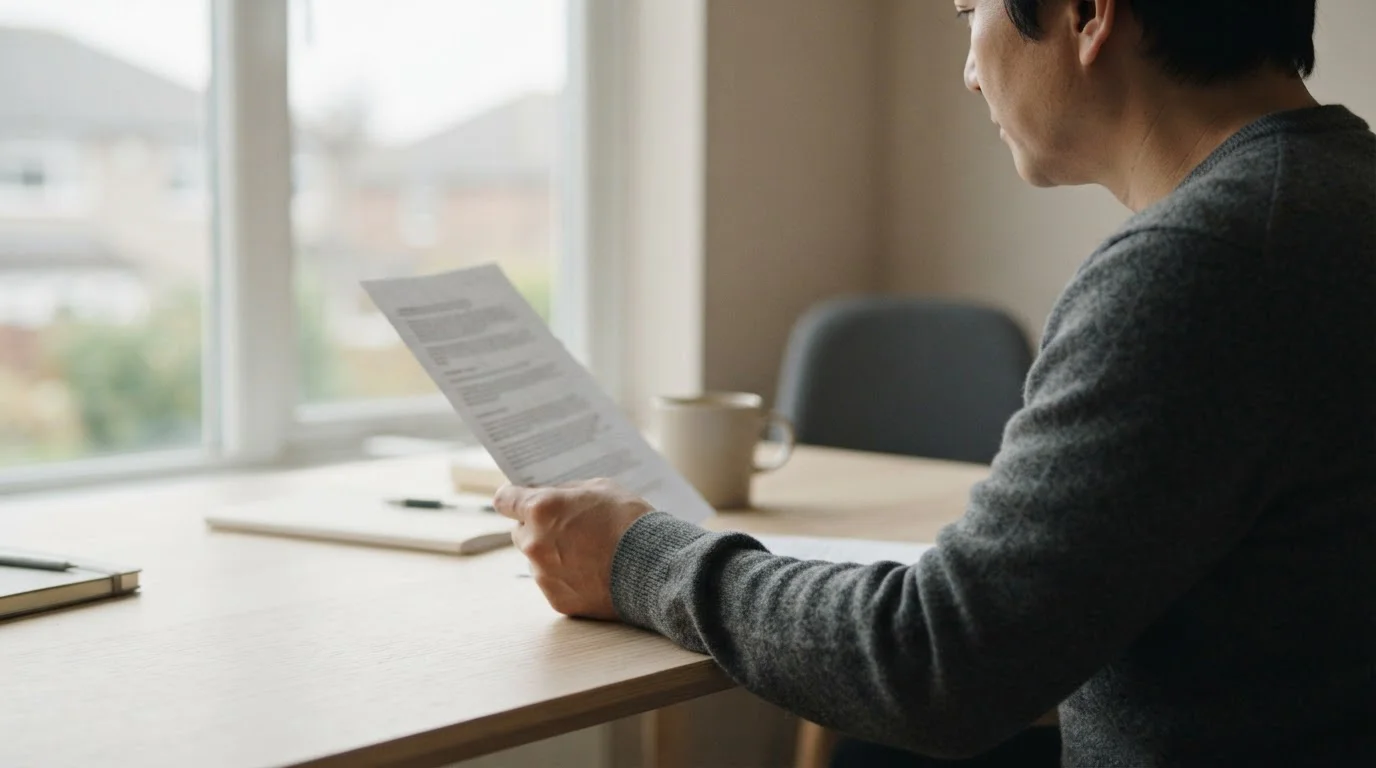 Persona leyendo detenidamente un documento con condiciones de una promoción