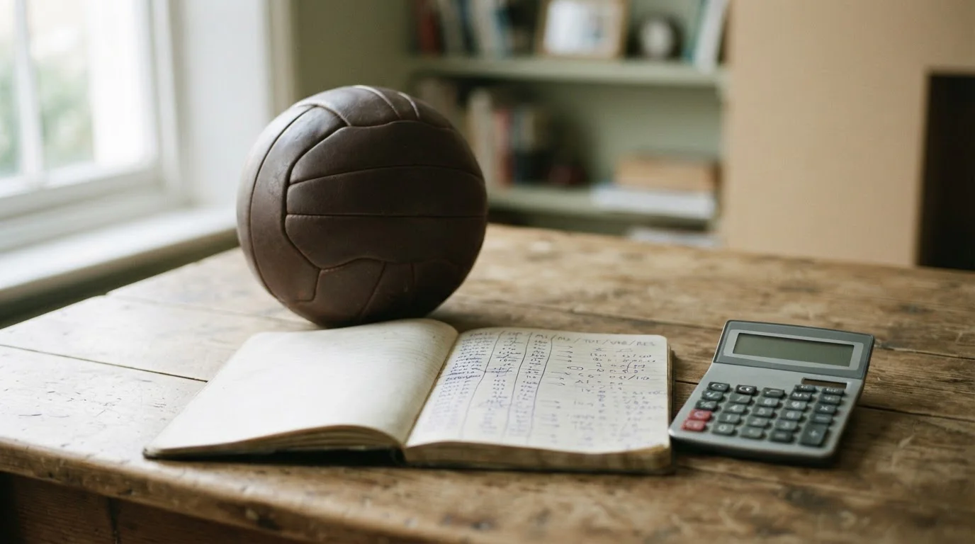 Balón de fútbol junto a un cuaderno de anotaciones sobre una mesa de trabajo