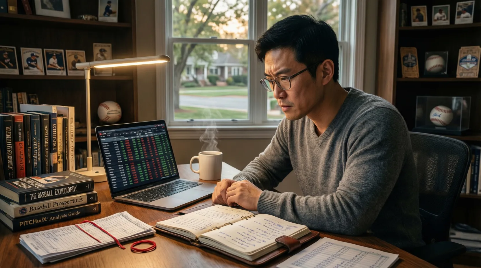 Persona planificando apuestas de futuros de béisbol con notas y proyecciones