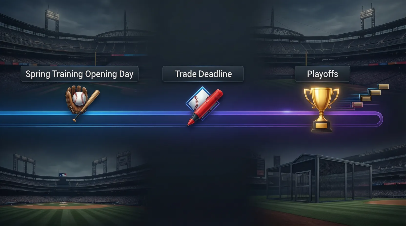 Línea de tiempo mostrando diferentes momentos para apostar futuros de béisbol