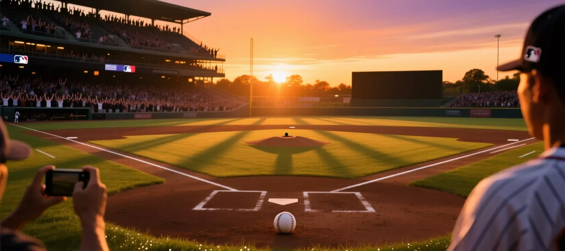 Estadio de béisbol MLB al atardecer