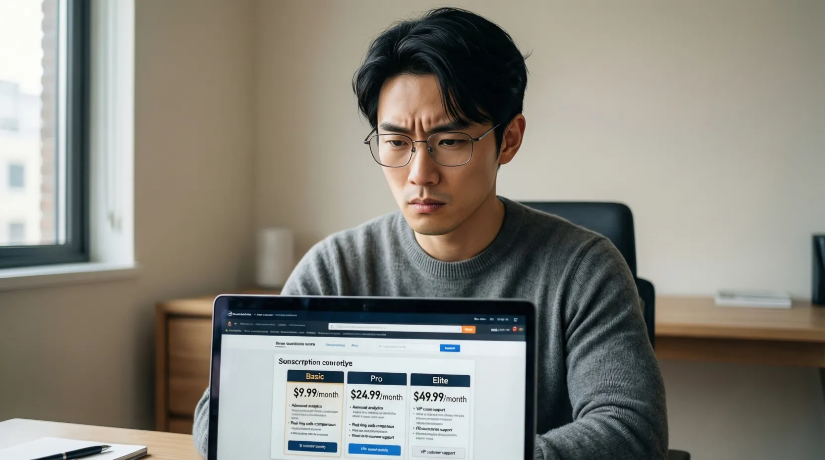 Persona evaluando críticamente servicios de apuestas en laptop con expresión pensativa