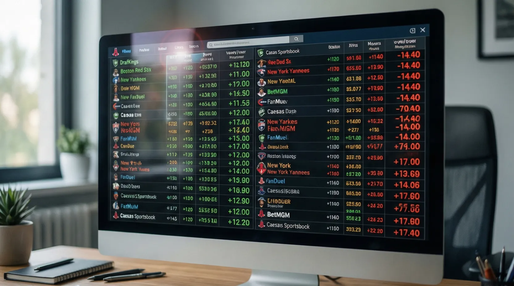 Pantalla de computadora mostrando comparación de líneas de apuestas de múltiples casas