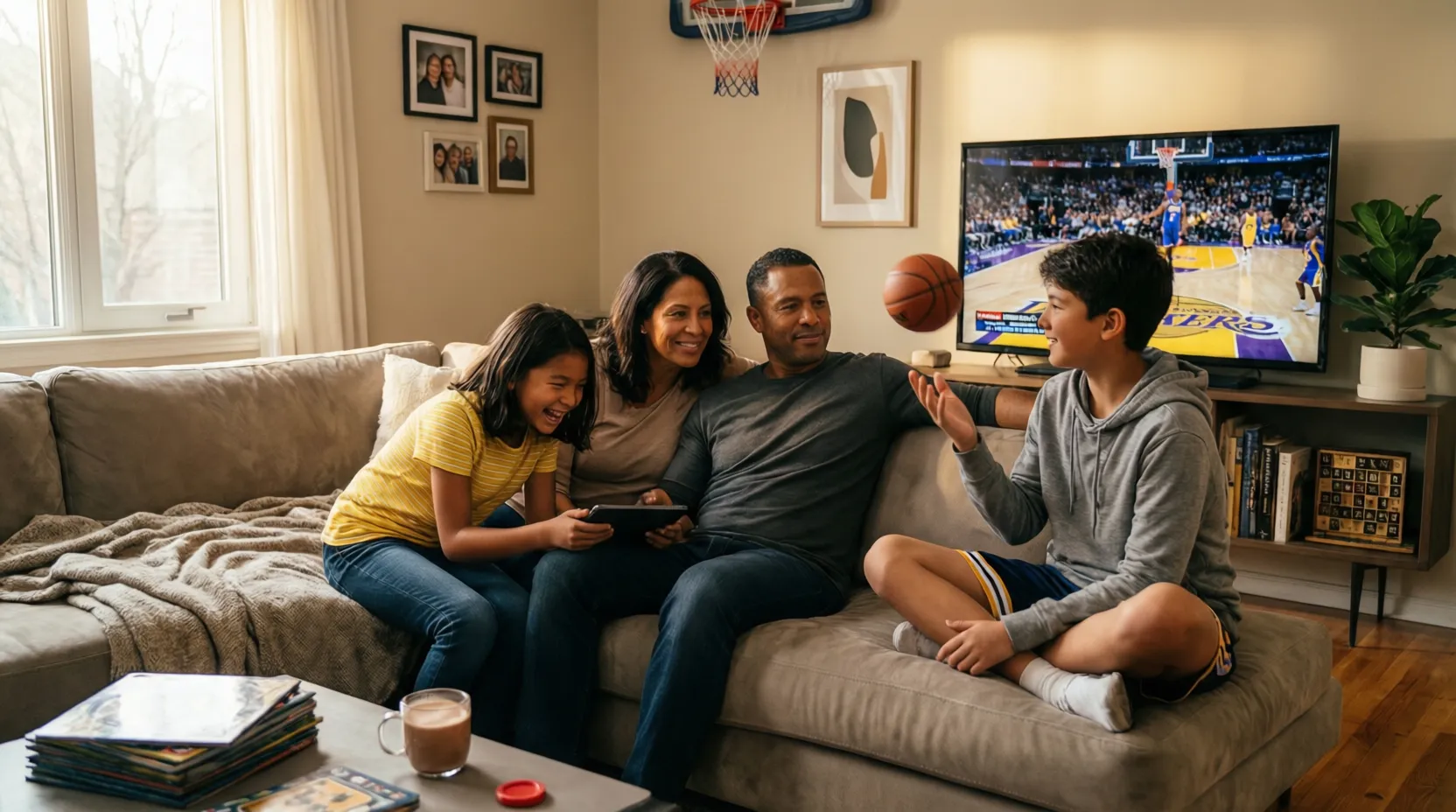 Persona disfrutando tiempo con familia mientras mantiene balance con actividades de entretenimiento