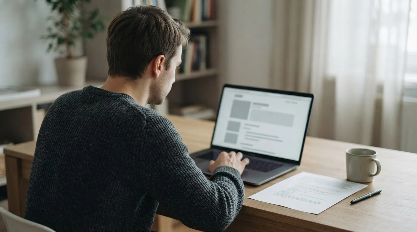 Persona de perfil leyendo un documento con condiciones en una pantalla neutra