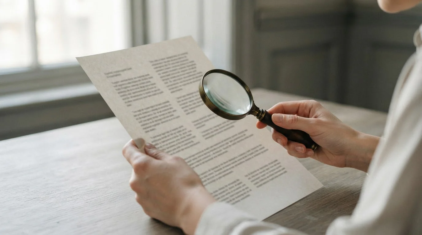 Manos leyendo las condiciones de un bono en una hoja impresa
