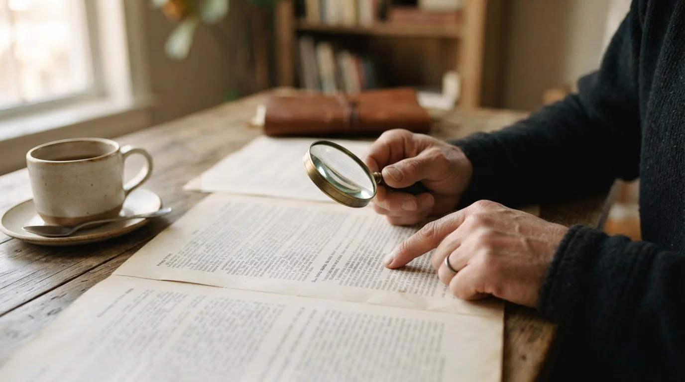 Manos leyendo con una lupa un documento impreso con párrafos densos