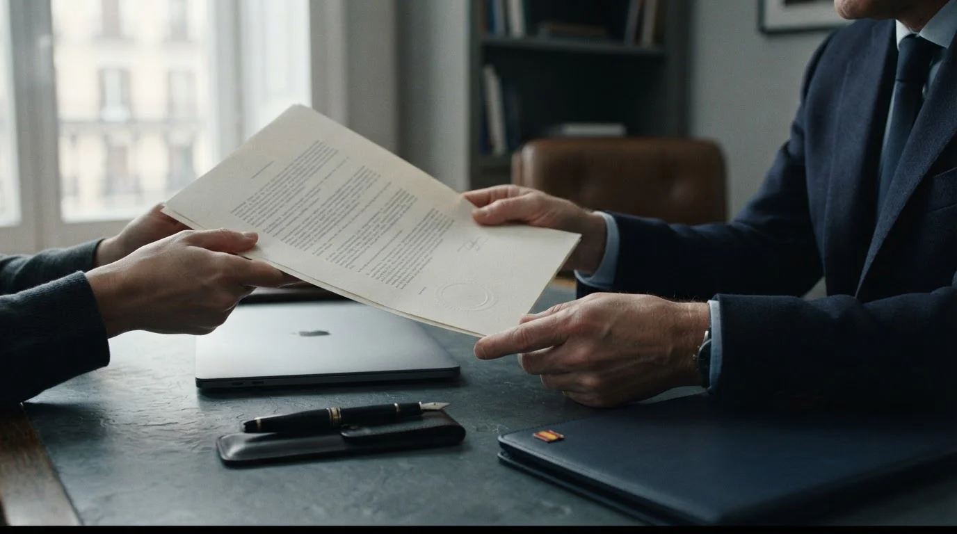 Manos revisando un documento oficial junto a un portátil