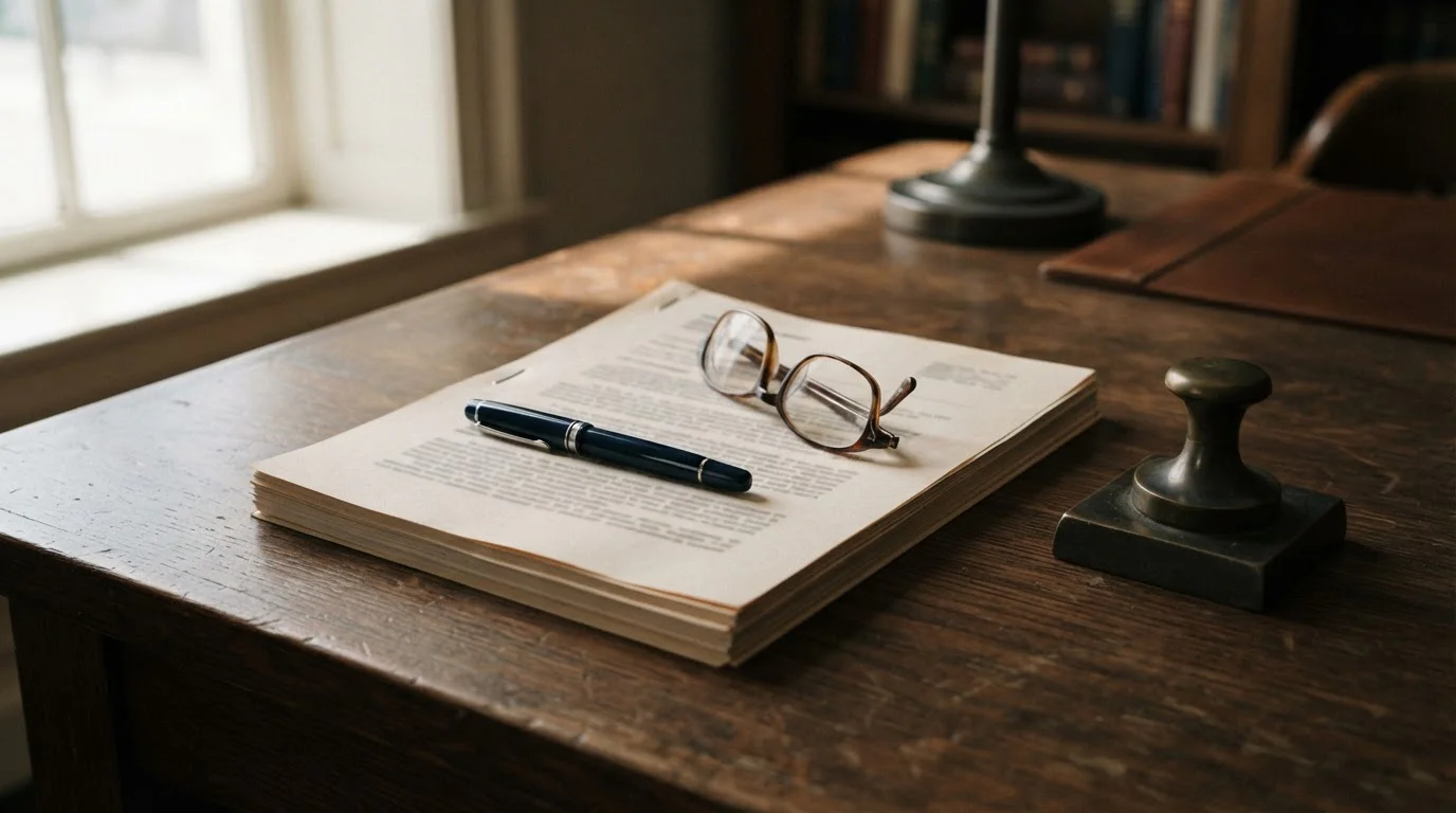 Documento oficial impreso junto a un sello y unas gafas sobre una mesa