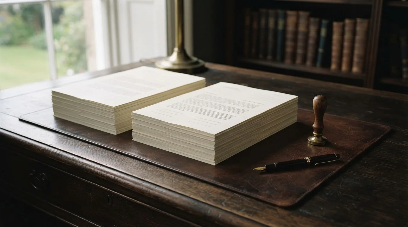 Documentos legales apilados junto a un sello sobre una mesa de despacho
