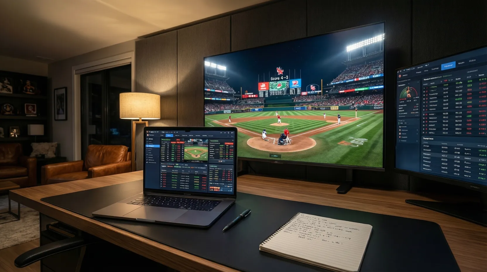 Setup de apostador con televisión mostrando partido y laptop con plataforma de apuestas en vivo